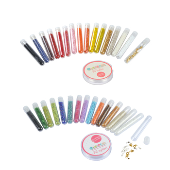 SET DE 15 TUBES PERLES DE ROCAILLE FERMOIRS ET FIL NYLON 25M 2 MODELES ASSORTIS