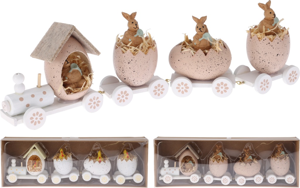 TRAIN EN BOIS AVEC FIGURINE EN POLYRESINE