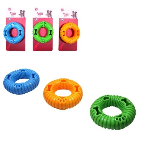 JOUET CAOUTCHOUC DISTRIBUTEUR DE RECOMPENSE EN FORME CERCLE 11CM ASS BLEU ORANGE VERT