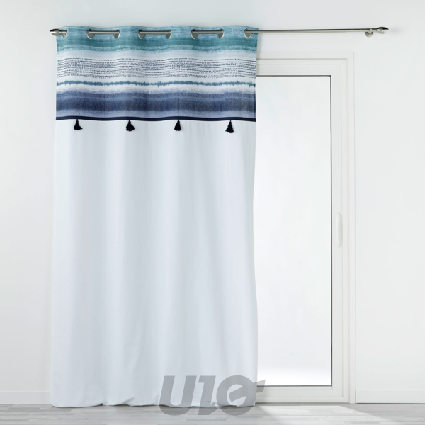 RIDEAU A OEILLETS 140 x 240 CM COTON UNI+TOP IMPRIME+POMPONS MIKONOS TOP