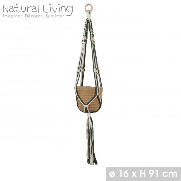 "NATURAL LIVING" SUSPENSION NATE MACRAME KAKI AVEC CACHE POT D16CM X H86CM
