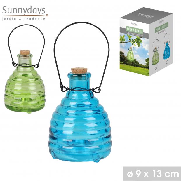 "ZERO INSECTE" PIEGE A GUEPES EN VERRE 2 COULEURS 12 VERT ET BLEU D9CM X H13CM