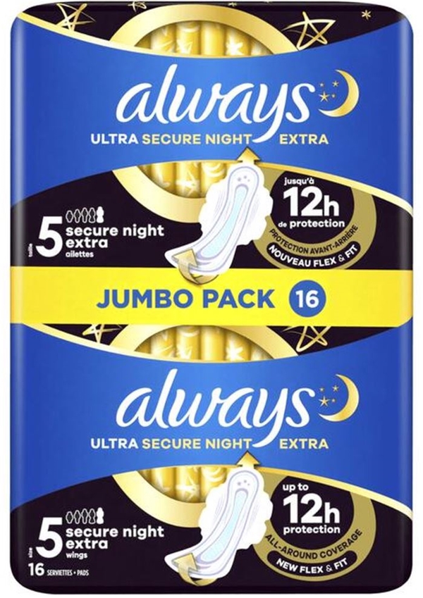 ALWAYS SERVIETTES SECURE NIGHT EXTRA TAILLE 5 AVEC AILETTES