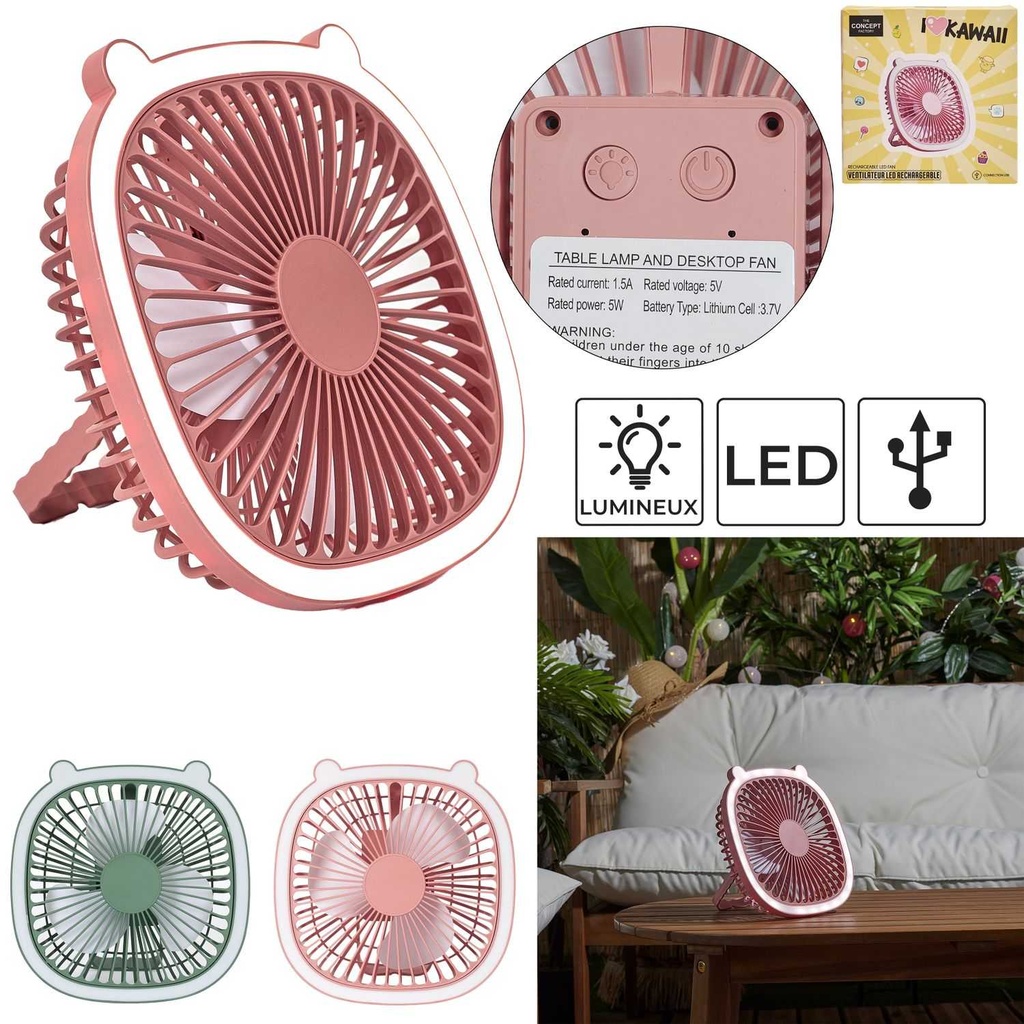 VENTILATEUR LED RECHARGEABLE USB 2 EN 1 KAWAII