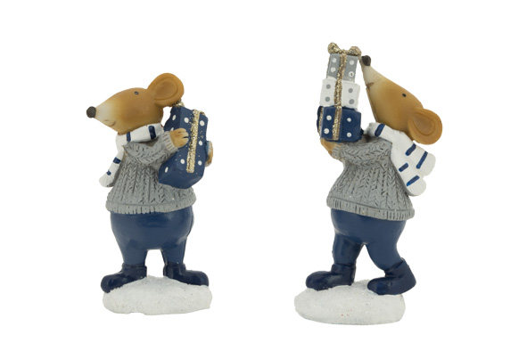 SOURIS AVEC CADEAUX - 2 MOTIFS - BLEU GRIS - 3,5X5,5XH10,5CM - EN RÉSINE