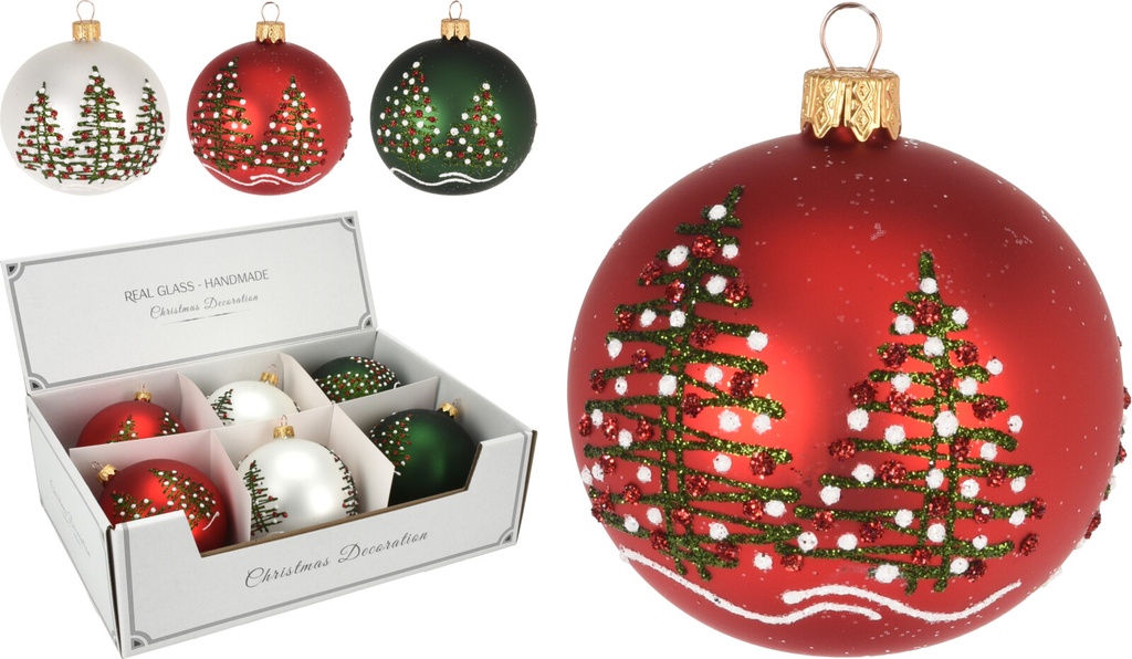 BOULE DE NOËL MOTIF ARBRES - 100MM - 3 COULEURS DISPONIBLES