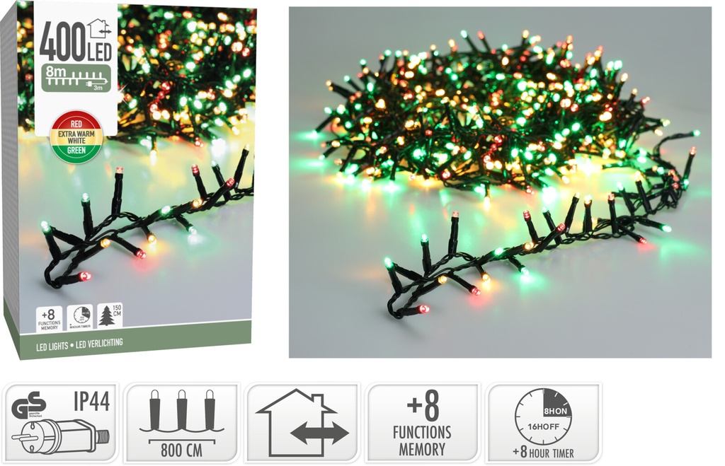 GUIRLANDE LUMINEUSE À LED - 400 LED - 8 MÈTRES - MULTICOULEURS - SUR SECTEUR - AVEC TIMER