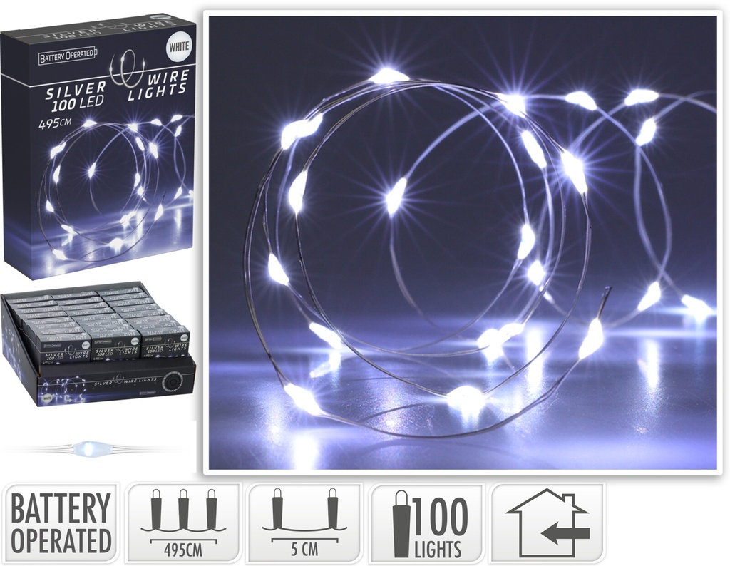 FIL ARGENT À LED - 100 LED - BLANC FROID - 495CM - SUR PILES