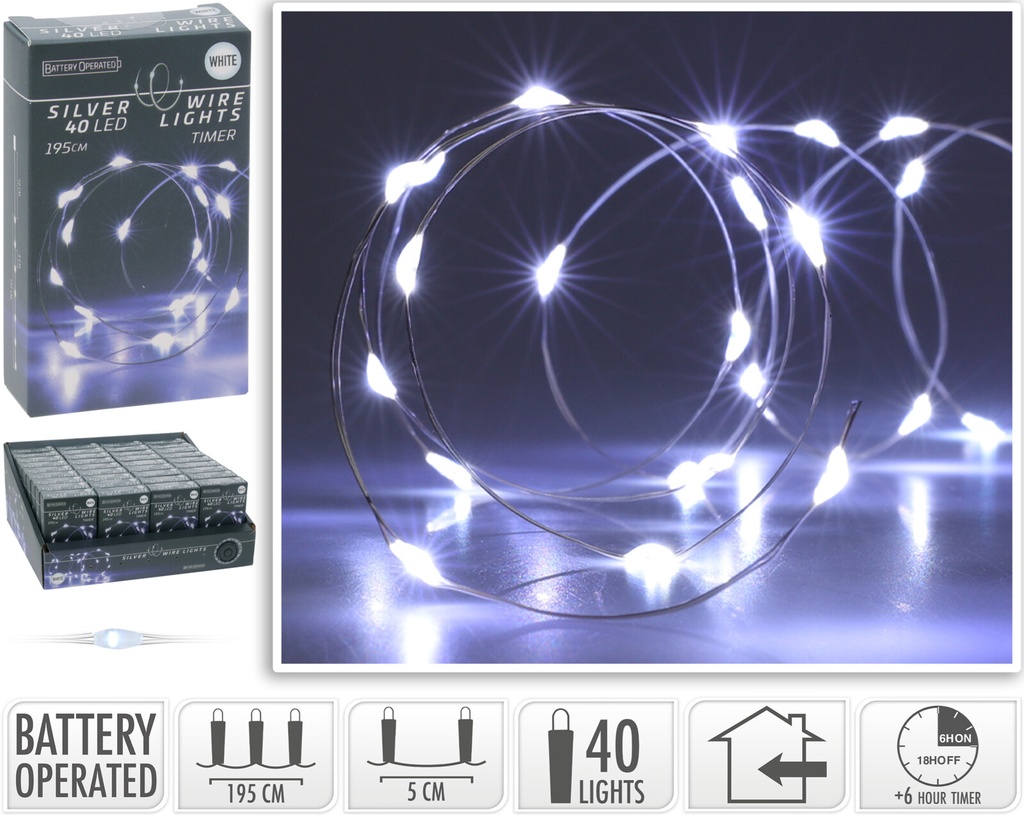FIL ARGENT À LED - 40 LED - 195CM - BLANC NEUTRE - SUR PILES - AVEC TIMER