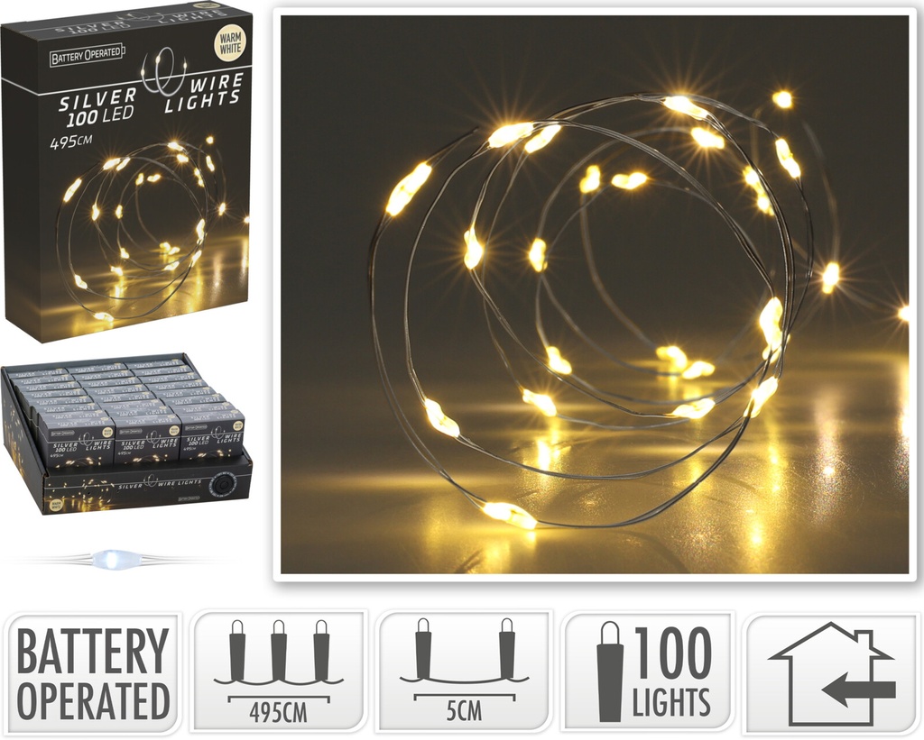 FIL ARGENTE À LED - 100 LED - BLANC CHAUD - 495CM - SUR PILES 