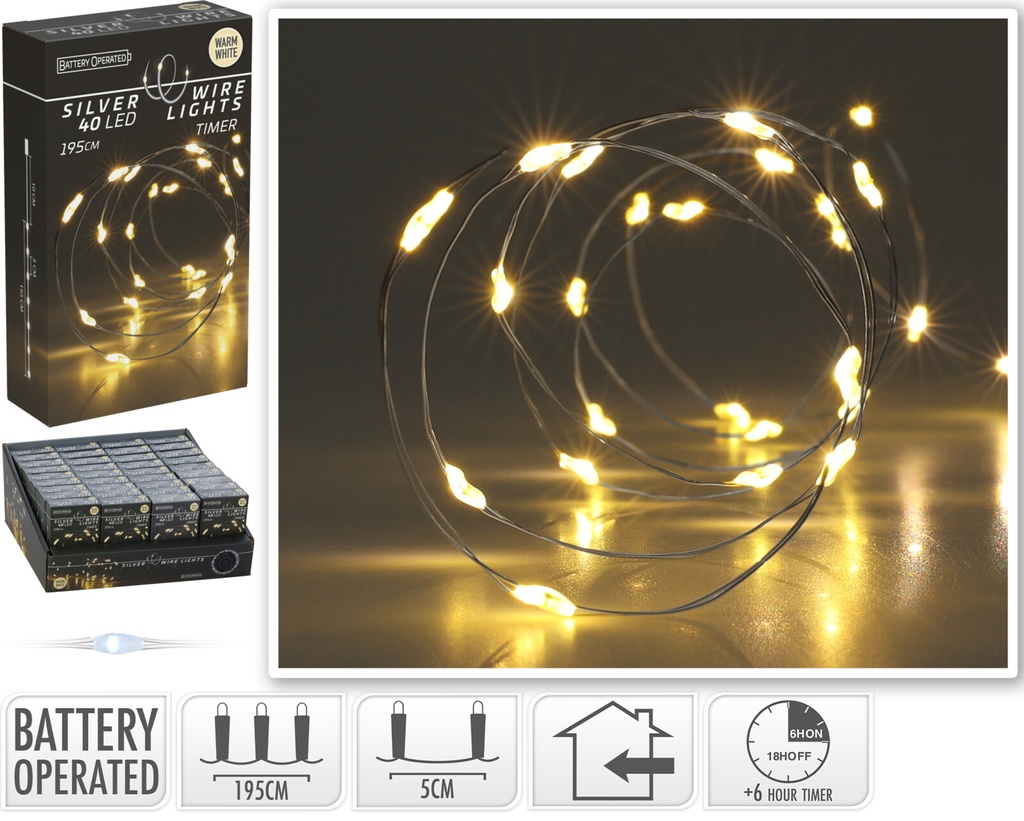 FIL ARGENT À LED - 40 LED - BLANC CHAUD - SUR PILES - 195CM - AVEC TIMER