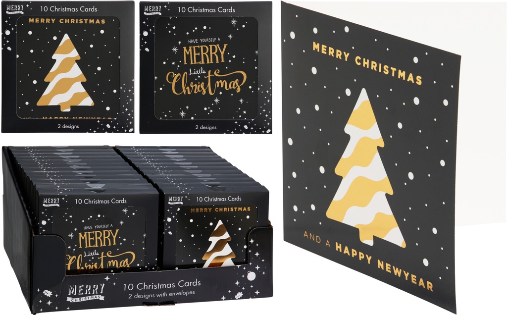 10 CARTES DE NOËL - 14X14CM - 2 MODÈLES DISPONIBLES (SAPIN OU "MERRY CHRISTMAS") - 5 CARTES BLANCHES ET 5 CARTES NOIRES AVEC 10 ENVELOPPES