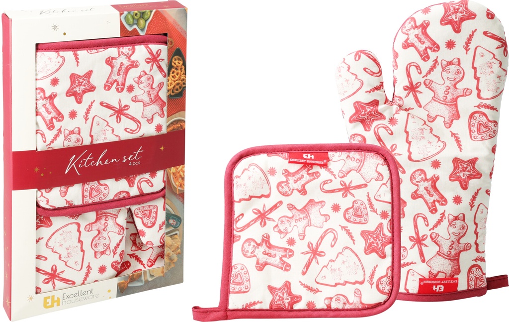 GANT, MANIQUE ET TABLIER EN COTTON - THÈME PAIN D'ÉPICE - GANT 17X27CM - MANIQUE 17X17CM - TABLIER 60X80CM