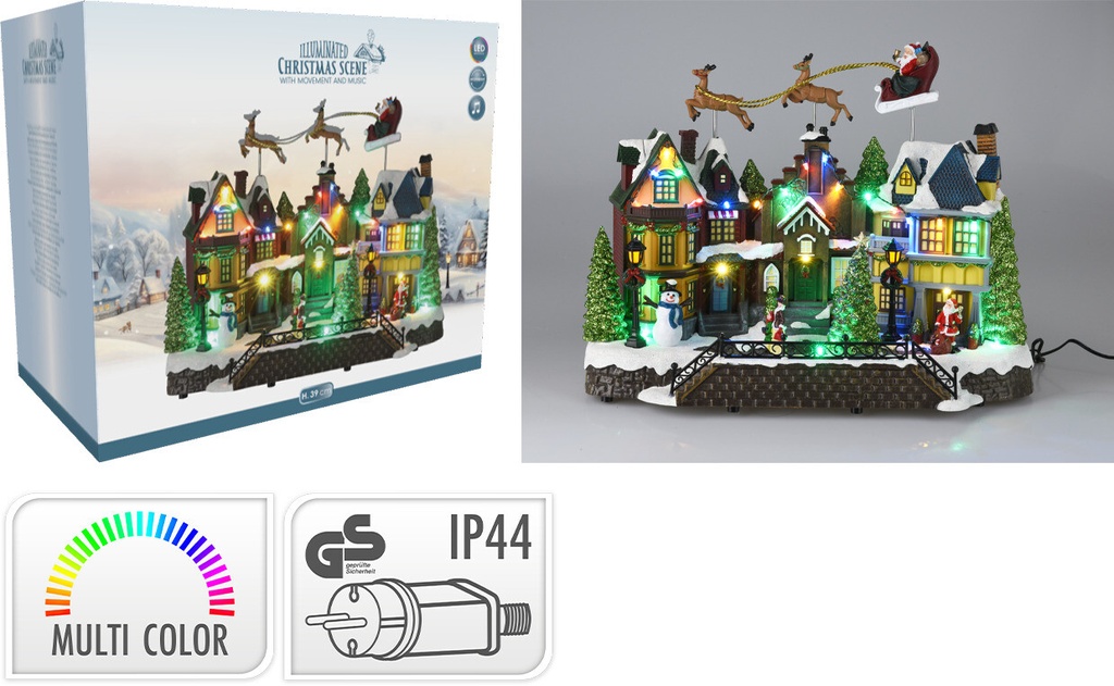 VILLAGE DE NOËL AVEC TRAINEAU ET PÈRE NOËL VOLANT - SUR SECTEUR - MULTICOLORES - H35X42X23CM