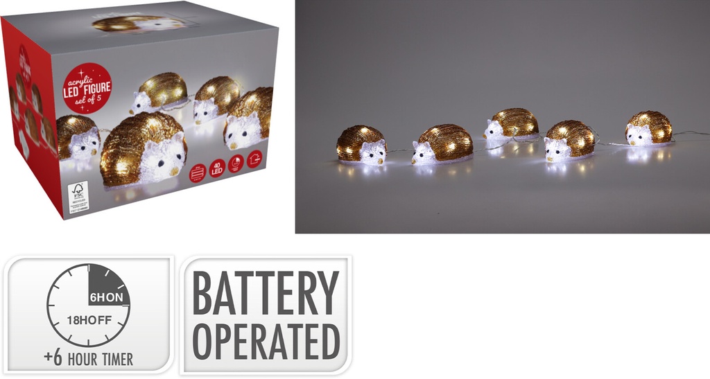GUIRLANDE LUMINEUSE AVEC 5 HÉRISSONS - 40 LED - SUR PILES - AVEC TIMER