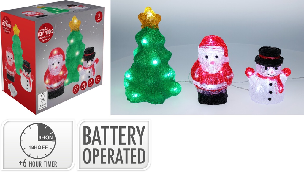 3 FIGURINES DE NOËL À LED - SUR PILES - 21X23X15CM