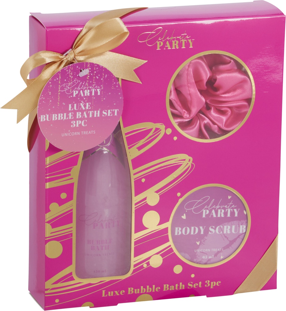 COFFRET CADEAU POUR LE BAIN - 3 PIÈCES - 1 SAVON BULLE, 1 GOMMAGE ET UN CHOUCHOU