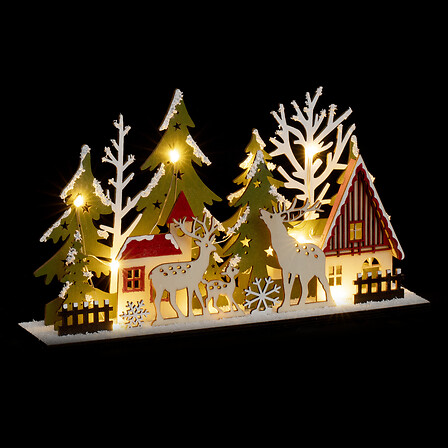 DÉCORATION LUMINEUSE DE NOËL EN BOIS - RENNES ET SAPINS - 30x10x17CM