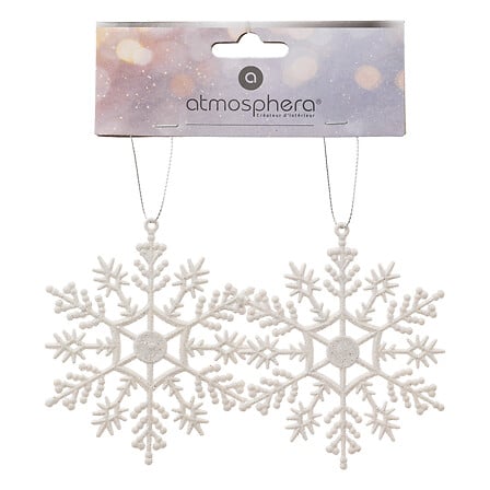 SUJET DE NOËL EN PLASTIQUE FLOCON BLANC AVEC PAILLETTES - LOT DE 2 PIÈCES - D10xP0,2CM