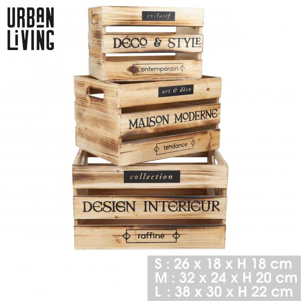 LOFT WOOD - 3 CAISSES DECORÉES EN BOIS - H18CM / H20CM / H22CM