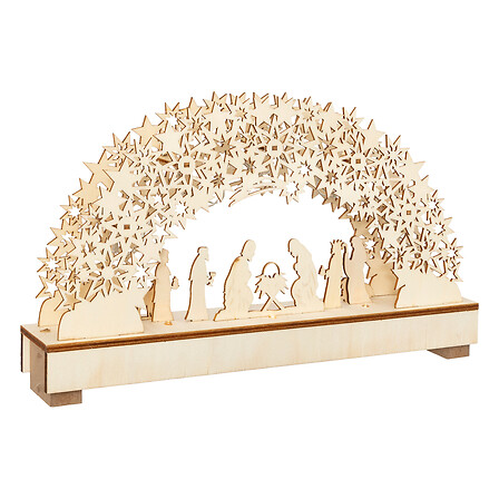 CRÈCHE DE NOËL À LED AVEC 9 SANTONS - L19xP5xH33CM - EN BOIS