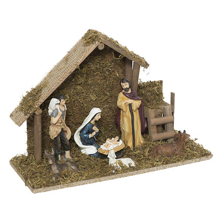 CRÈCHE DE NOËL À LED AVEC 7 SANTONS - 30x20CM - EN RÉSINE ET EN BOIS
