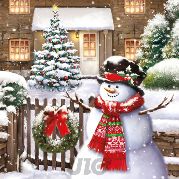 SET DE 20 SERVIETTES PAPIER - 3 PLIS - MOTIF BONHOMME DE NEIGE ET MAISON  - 33x33CM