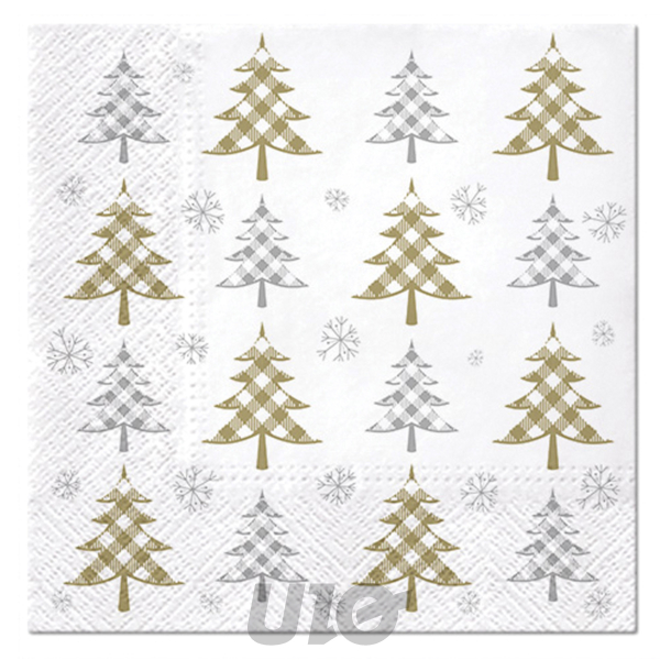 SET DE 20 SERVIETTES PAPIER - 3 PLIS - 33x33CM - MOTIF SAPINS OR ET ARGENT