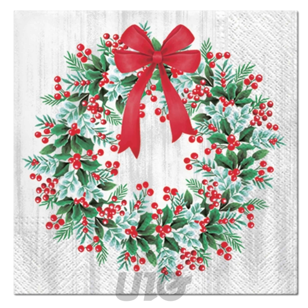SET DE 20 SERVIETTES EN PAPIER - 3 PLIS - 33x33CM - MOTIF COURONNE DE NOËL