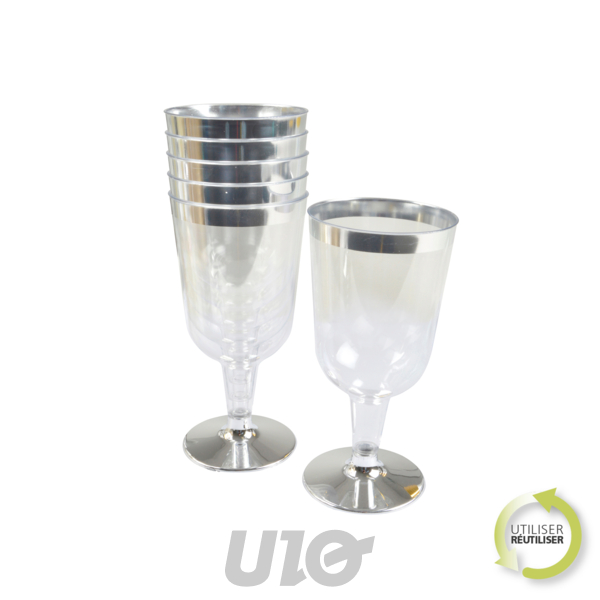 SET DE 6 VERRES À VIN EN PLASTIQUE RÉUTILISABLES - 18CL - LISERE ARGENT