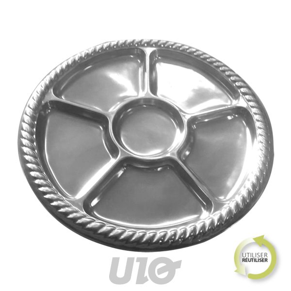 SET DE 2 PLATS DE 6 COMPARTIMENTS BORDURE TRESSÉE EN PET - D30CM - COULEUR ARGENT