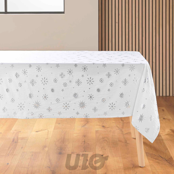 NAPPE RECTANGLE EN MICROFIBRE - 140x240CM - IMPRIMÉE MÉTALLIQUE ASTRELIA BLANC-ARGENT