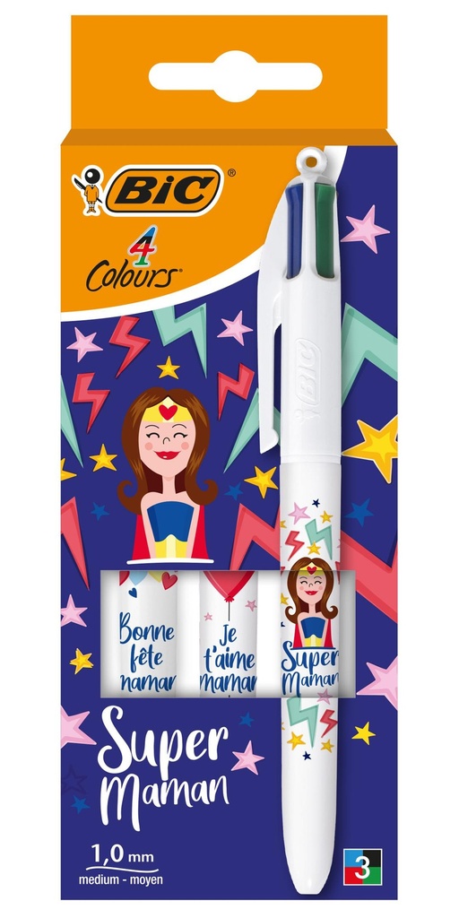 BIC 4 COULEURS - SUPER MAMAN - 3 PIÈCES - POINTE MOYENNE 1MM 