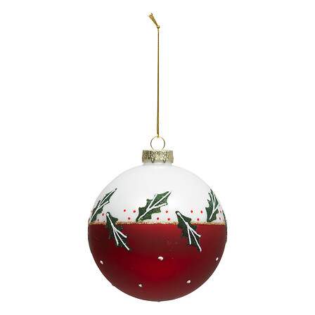 Boule de Noël en verre - 100mm - Motif houx rouge et blanc