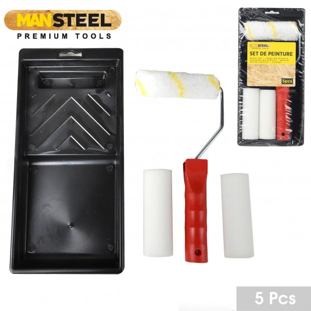 SET DE PEINTURE - 5 PIÈCES - 1 MANCHE - 3 ROULEAUX - UN BAC