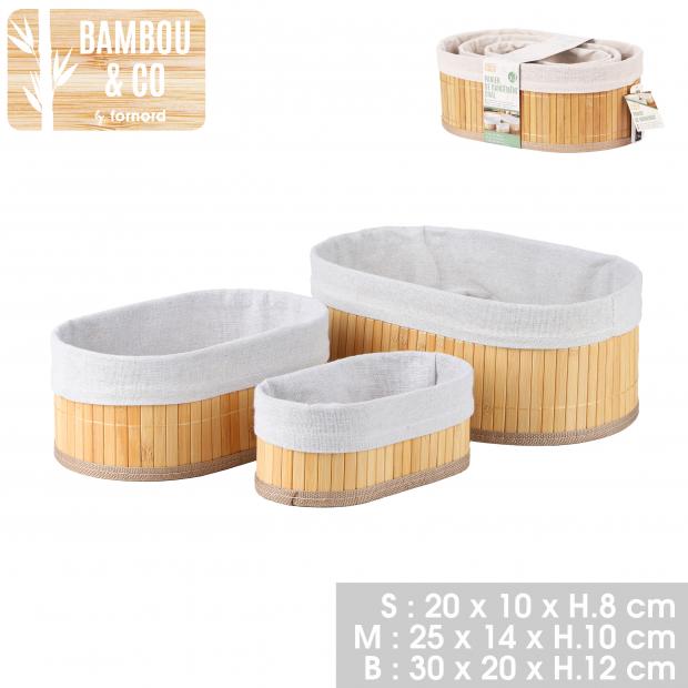 BAMBOU &  CO PANIER DE RANGEMENT OVAL AVEC TISSU - 3 PIÈCES