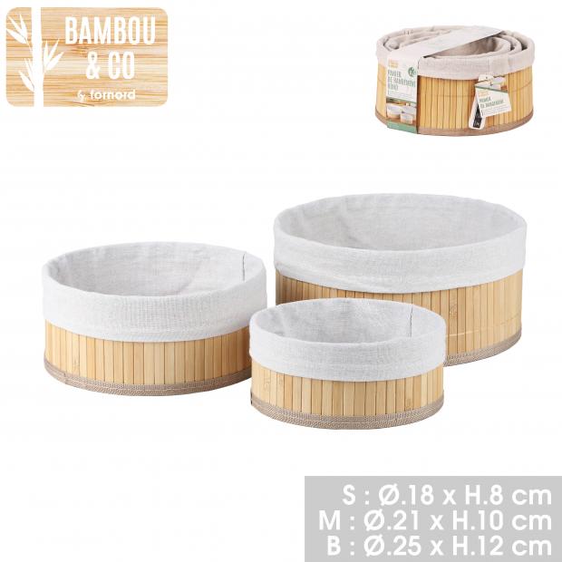 BAMBOU & CO PANIER DE RANGEMENT ROND AVEC TISSU - 3 PIÈCES