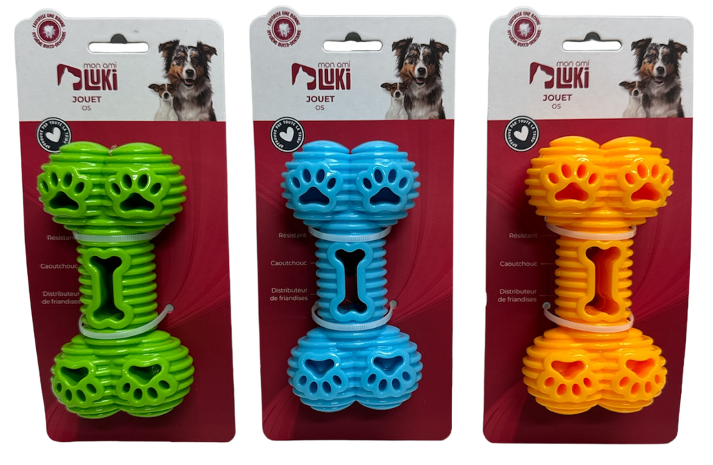 JOUET CAOUTCHOUC DISTRIBUTEUR DE RÉCOMPENSE EN FORME D'OS - 13CM - COULEURS DISPONIBLES: BLEU ORANGE VERT