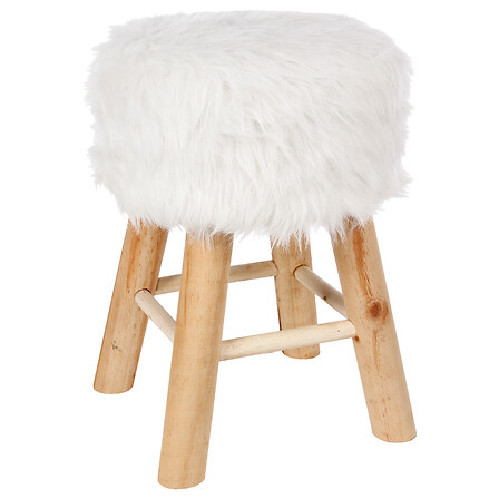 Atmosphera Tabouret Oslo effet fourrure blanc pieds bois