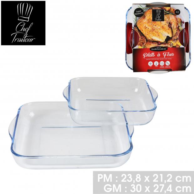 CHEF TRAITEUR - 2 PLATS À FOUR EN VERRE BOROSILICATE CARRÉ L24CM ET L30CM