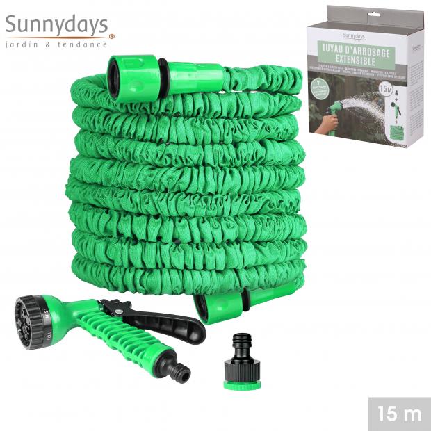 MON JARDIN - TUYAU D'ARROSAGE EXTENSIBLE AVEC EMBOUT   PISTOLET 7 FONCTIONS - 15 MÈTRES