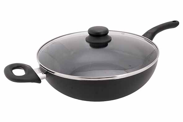 ESSENTIALS Wok 30cm Noir Couvercle Verre - Sans PFAS Tous Feux Induction