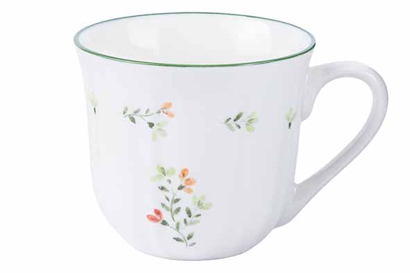 Tasse Porcelaine Blanche Motif Bouquet Floral Vert & Orange 28cl