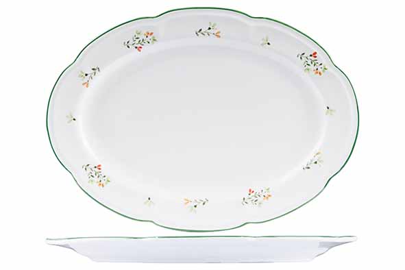 BOUQUET Plateau Ovale à Servir Porcelaine Blanc Motifs Floraux Bord Vert 35.9x26cm