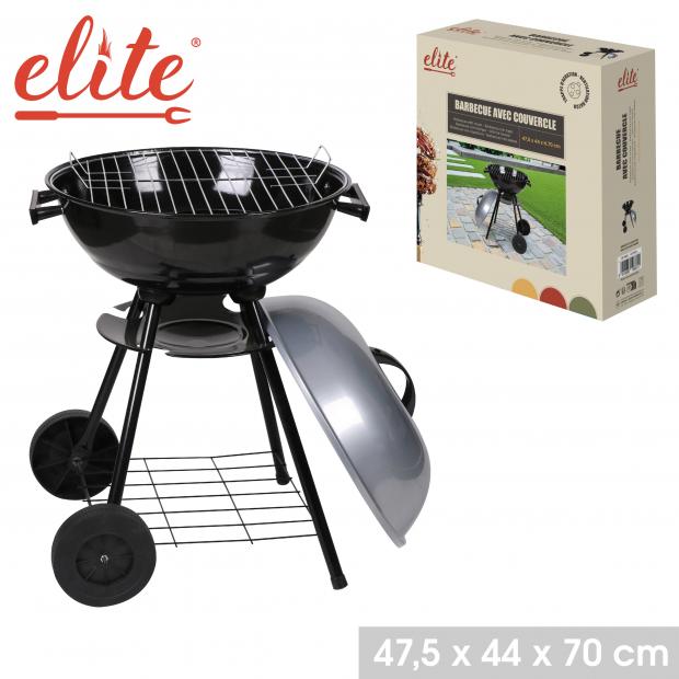 Elite Barbecue Charbon sur Roues Couvercle Noir/Gris 47,5x44x70cm