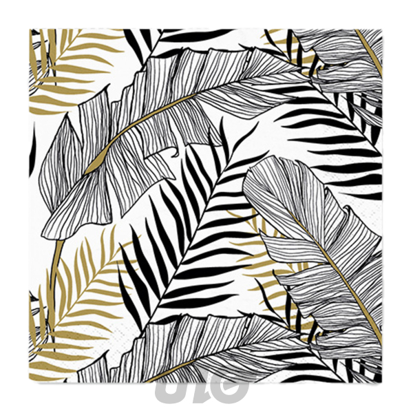 Homea Serviettes Papier Cocktail 20 Feuillage Tropical Noir Or 25x25cm