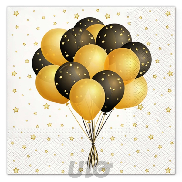 Homea Lot 20 Serviettes Papier 33x33cm 3 Plis Ballons Noirs & Or Étoiles