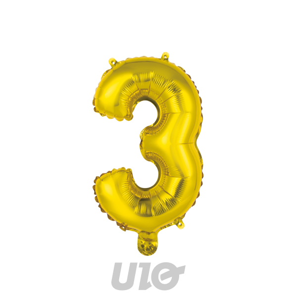 BALLON CHIFFRE 3 METALLISE EN ALUMINIUM AVEC PAILLE H40CM OR