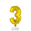 BALLON CHIFFRE 3 METALLISE EN ALUMINIUM AVEC PAILLE H40CM OR