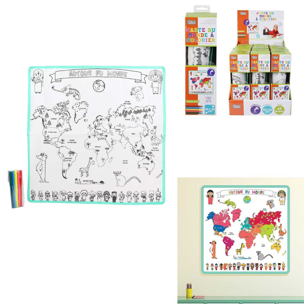 Jeux 2 Momes - Carte du Monde à Colorier Lavable 50x50cm + 5 Feutres